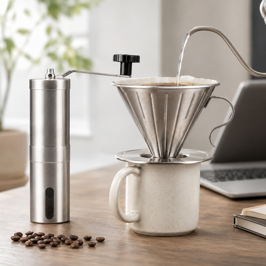 Kit Cafe Viajero Cafetera Dripper V60 con Molino Manual de Acero