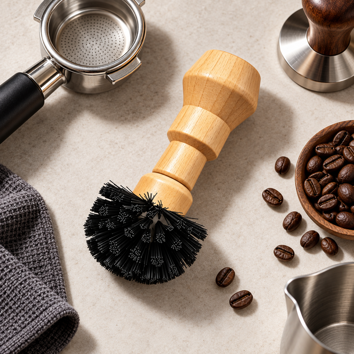 Cepillo Barista para Limpieza de Portafiltro con Mango de Madera