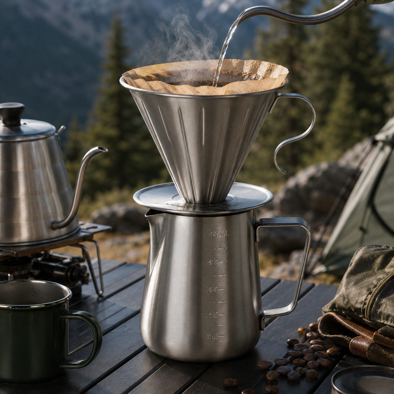 Kit Cafetera Tipo V60 en Acero Inoxidable + Jarra Server Resistente | Ideal para Viajar