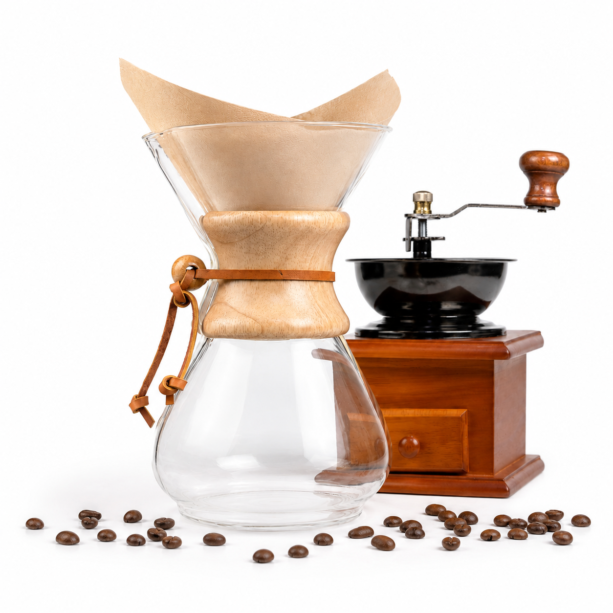 Kit Cafetera Metodo Tipo Chemex 600 ml + Molino Manual Vintage + Filtros Naturales