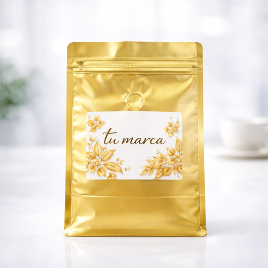 Bolsa Dorada 250g para Cafe con Valvula y Cierre Tri Laminada