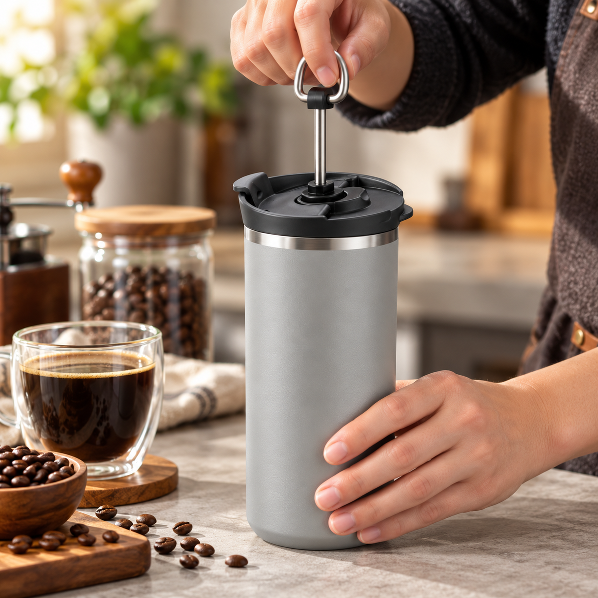 Metodo Viajero Termo Prensa Francesa TYESO 750 ml Acero Inoxidable Gris
