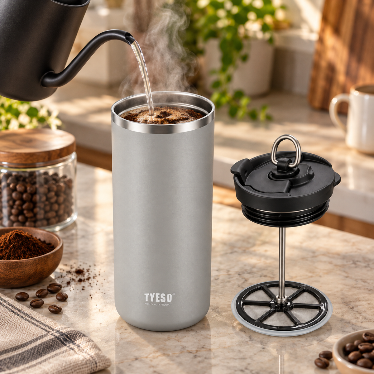 Metodo Viajero Termo Prensa Francesa TYESO 750 ml Acero Inoxidable Gris
