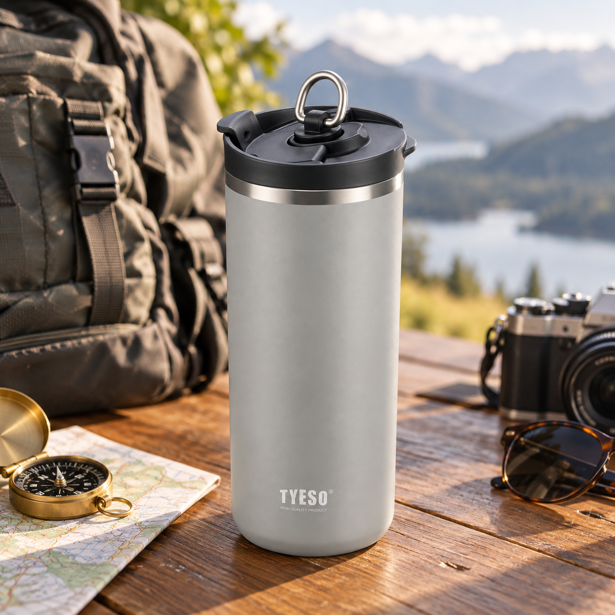 Metodo Viajero Termo Prensa Francesa TYESO 750 ml Acero Inoxidable Gris