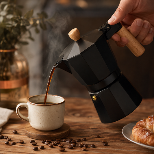 Cafe Moka Italiana Negra 6 Tazas con Mango Madera