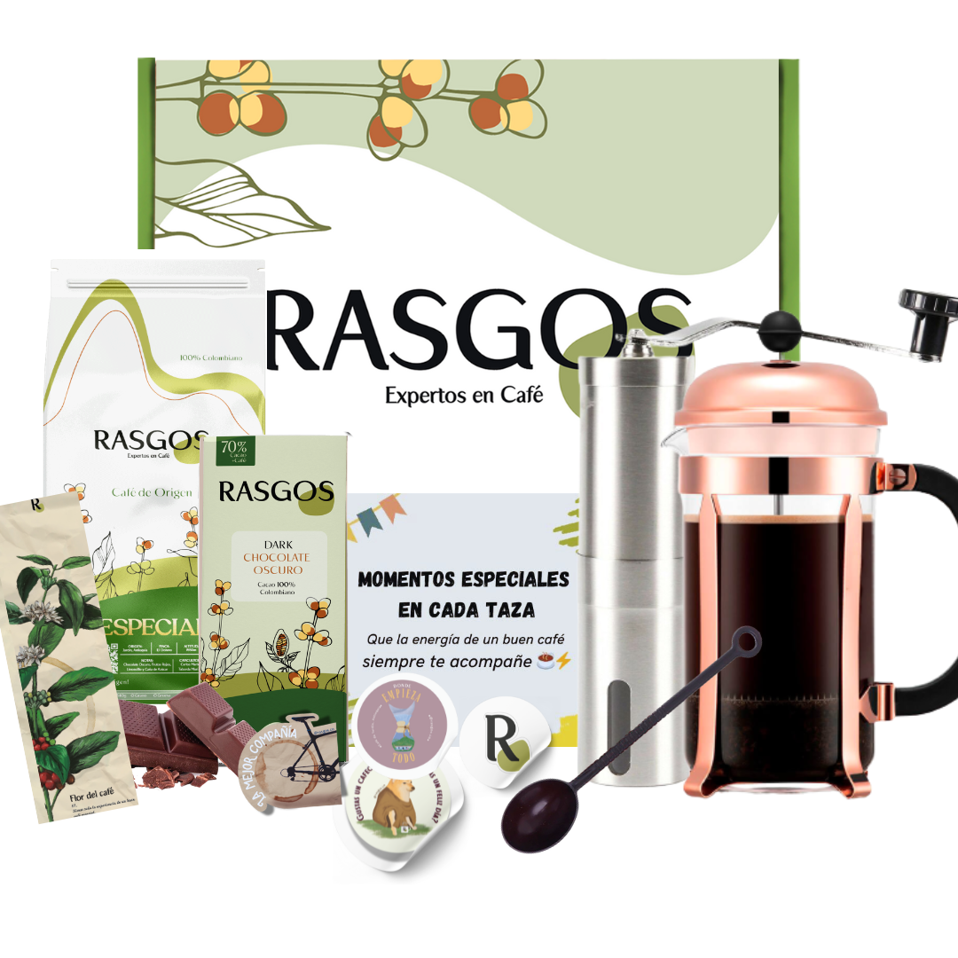 Super Kit de Preparacion de Café para Regalar | Prensa Oro Rosa 350ml + Café Insignia 250g + Molino + Chocolatina + Cuchara + Mensaje Personalizado