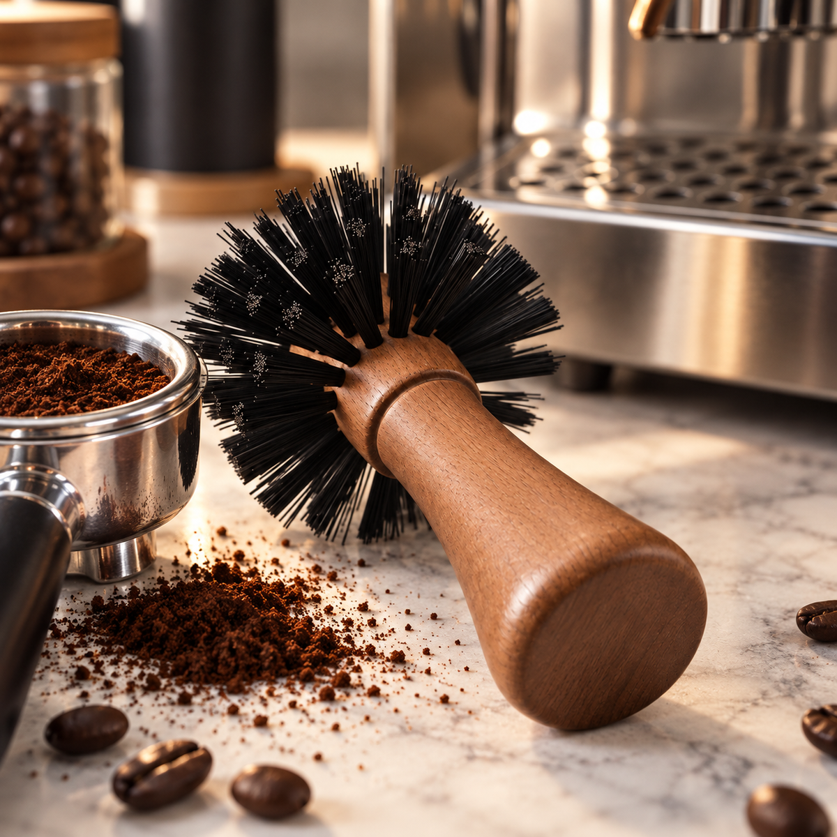 Cepillo Barista de Limpieza para Molino y Espresso – Mango de Madera