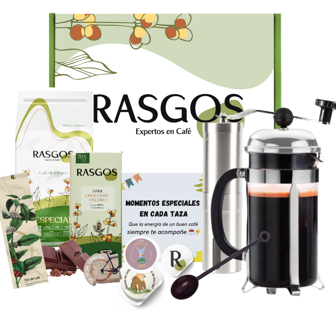 Super Kit Personalizado de Café | Prensa Plata 350ml + Cafe Especial 250g + Molino + Cuchara + Chocolatina + Mensaje Personalizado