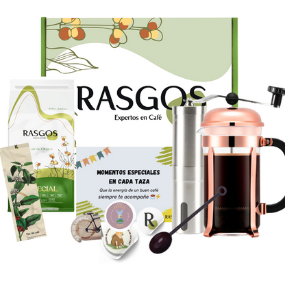 Kit de Preparacion de Café para Regalar | Prensa Oro Rosa 350ml + Café Insignia 250g + Molino + Cuchara + Mensaje Personalizado