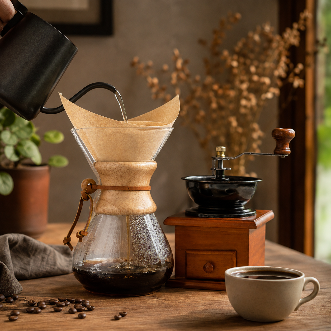 Kit Cafetera Metodo Tipo Chemex 600 ml + Molino Manual Vintage + Filtros Naturales