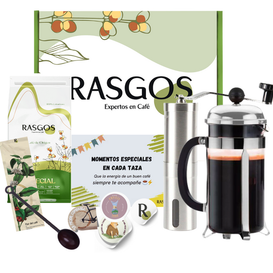 Kit Personalizado de Café | Prensa Plata 350ml + Cafe Especial 250g + Molino + Cuchara + Mensaje Personalizado
