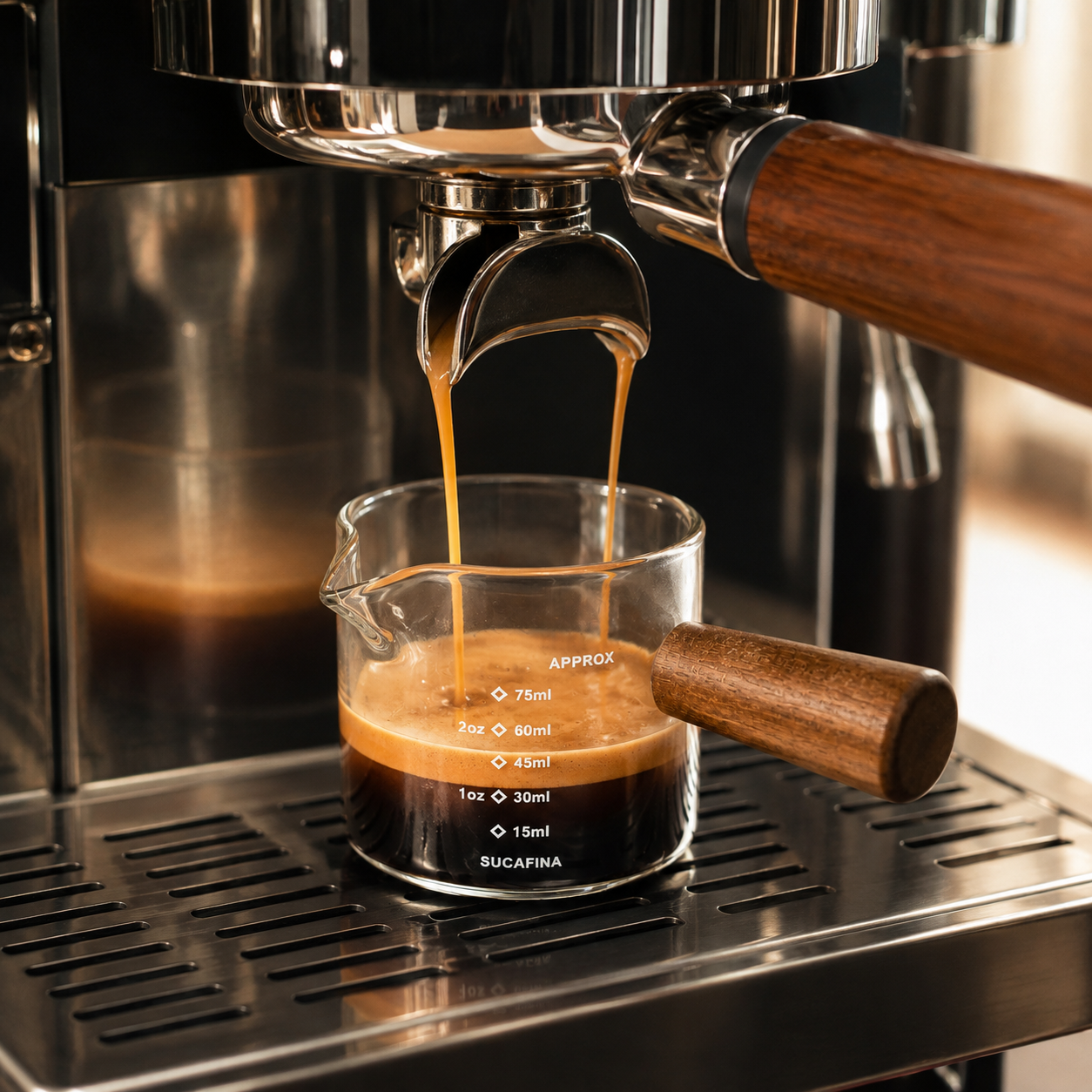 Vaso Medidor para Espresso 75 ml en Vidrio con Mango de Madera