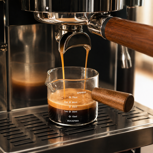 Vaso Medidor para Espresso 75 ml en Vidrio con Mango de Madera