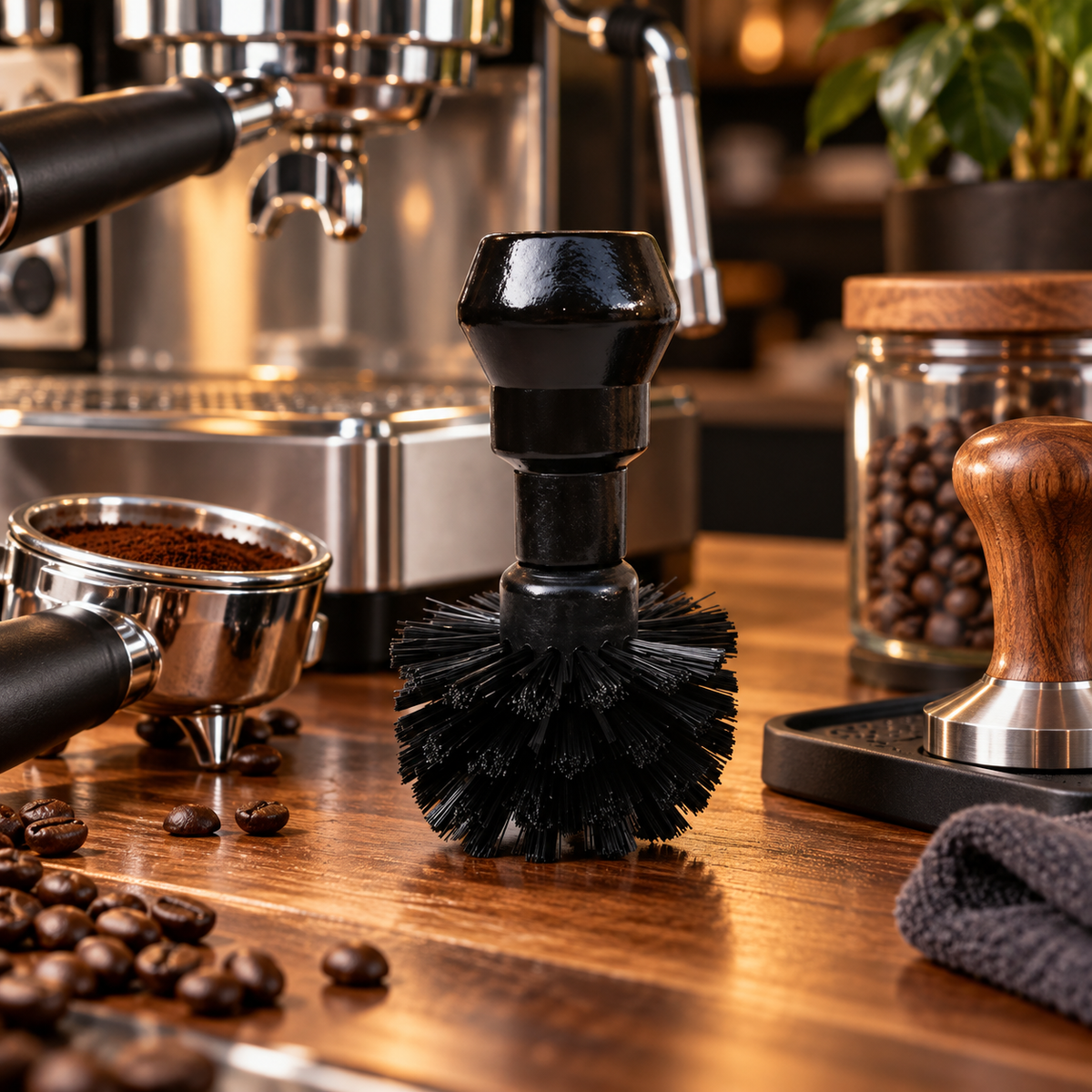 Cepillo de Limpieza para Grupo de Maquina Espresso - Mango de Madera Negro