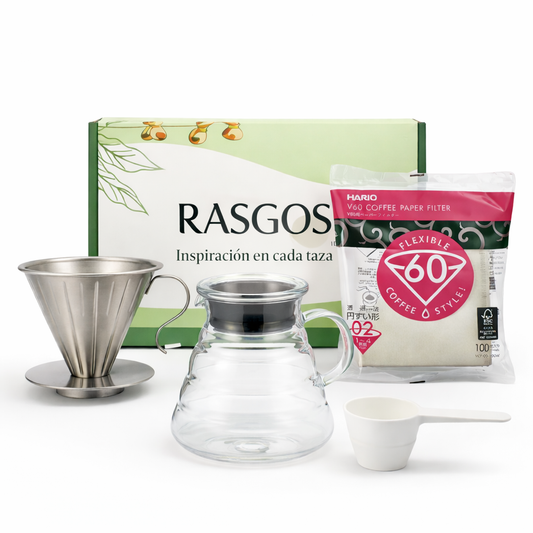 Kit V60 Acero Inoxidable + Server 400 ml + Filtros Hario 02 + Cuchara Dosificadora