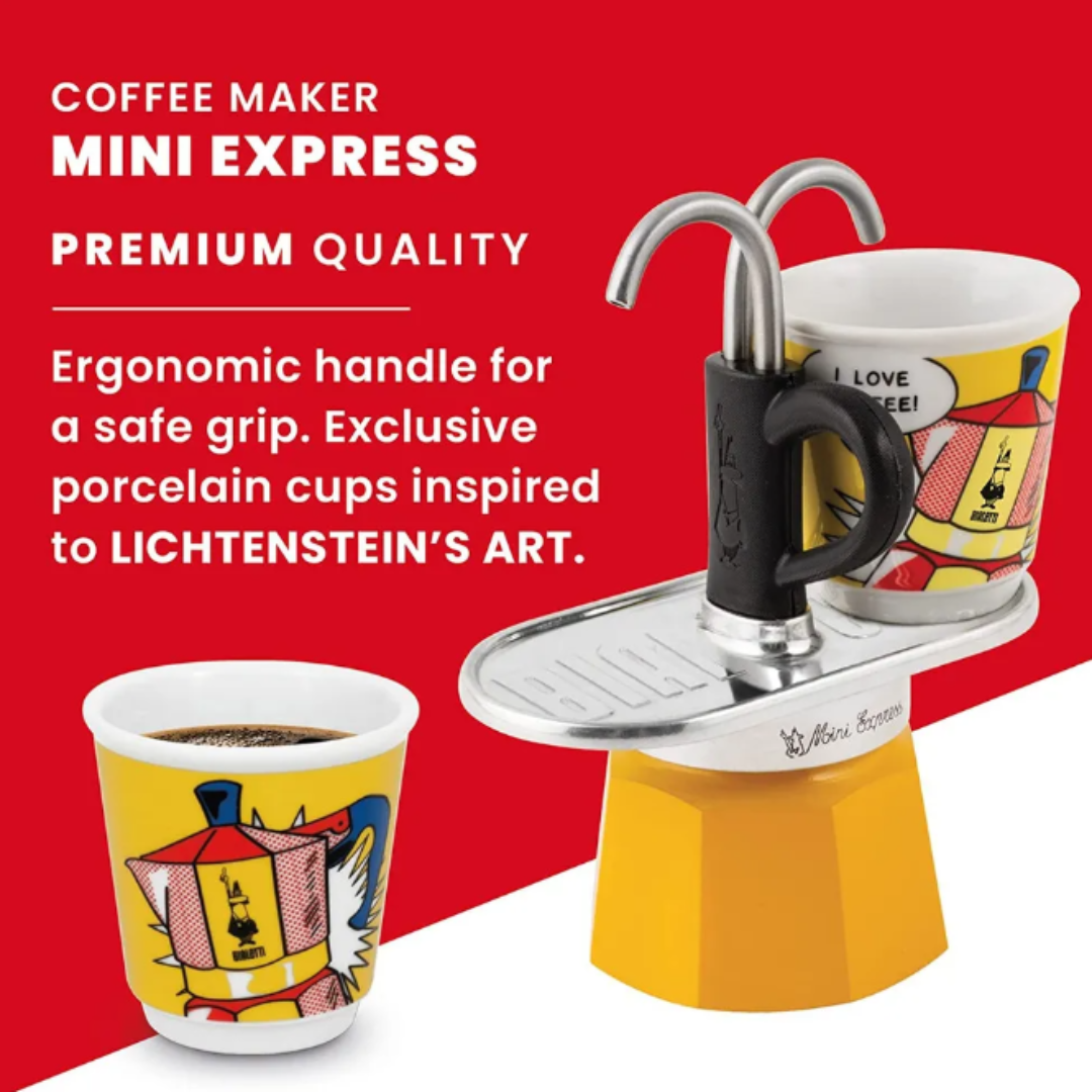 Bialetti Mini Express Lichtenstein Amarilla con 2 Tazas 250ml
