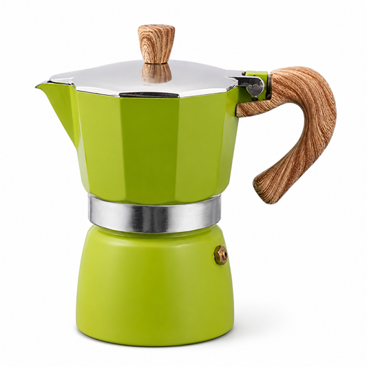 Cafetera Moka Italiana Verde 3 Tazas con Mango Efecto Madera