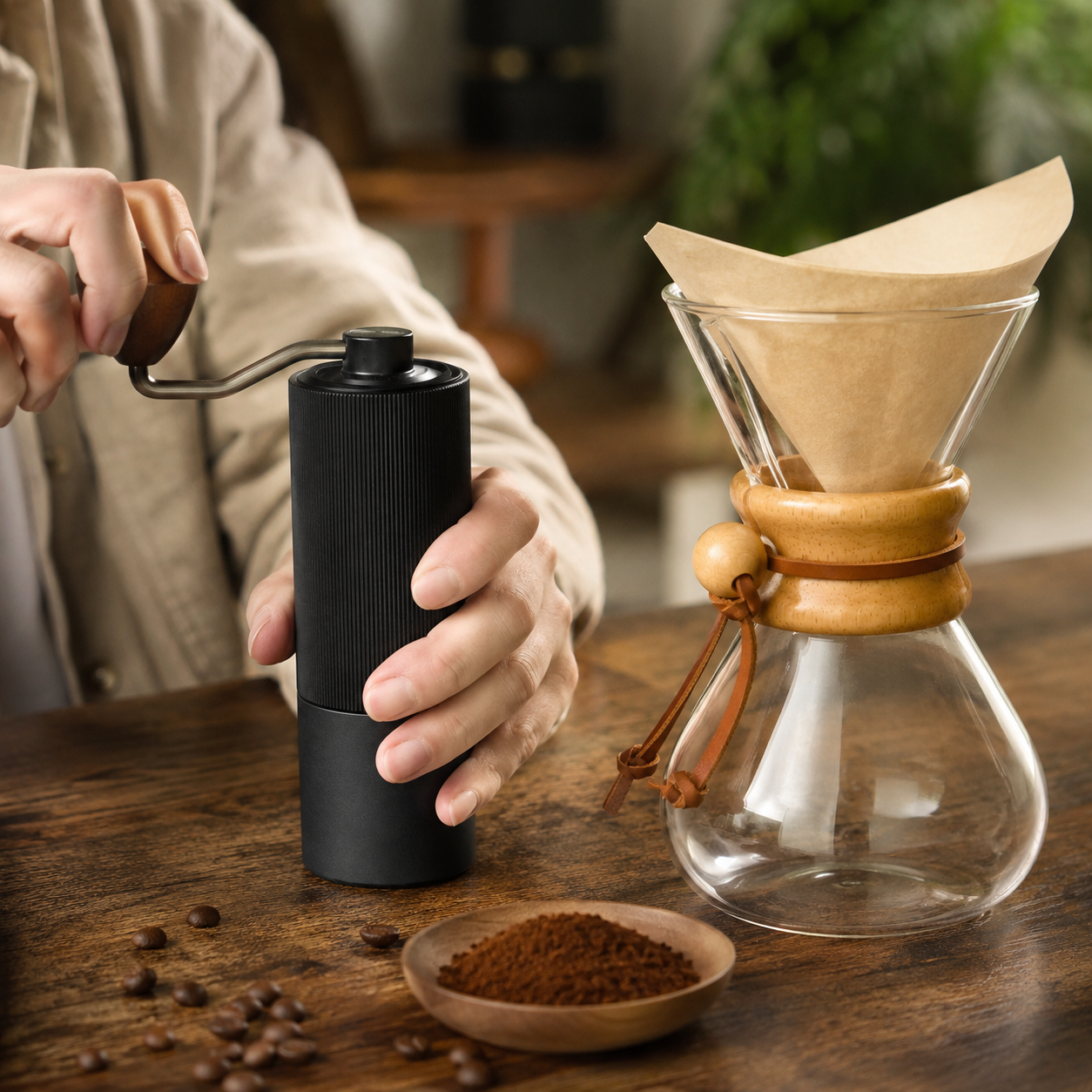 Kit Cafetera Tipo Chemex 600 ml con Molino Manual Profesional Muelas Conicas Acero Inoxidable