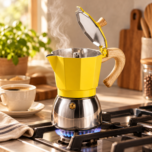 Cafetera Italiana Moka Amarilla 12 Tazas Base Acero Inoxidable