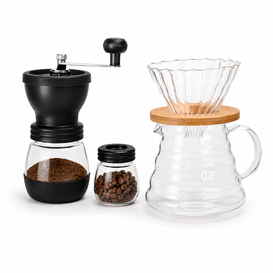 Kit de Cafe Metodo Dripper V60 con Molino Manual de Muelas Conicas Ceramicas Resistentes