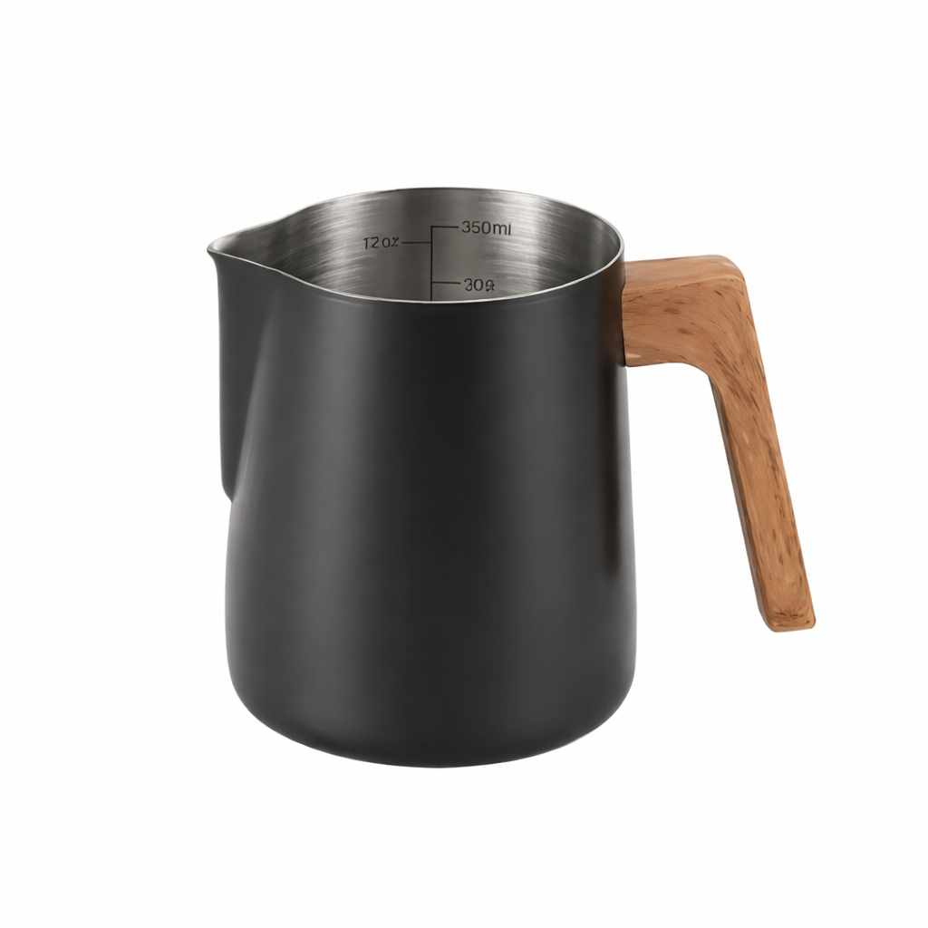 Jarra Cremadora Leche Negra con Mango de Madera en Acero Inoxidable