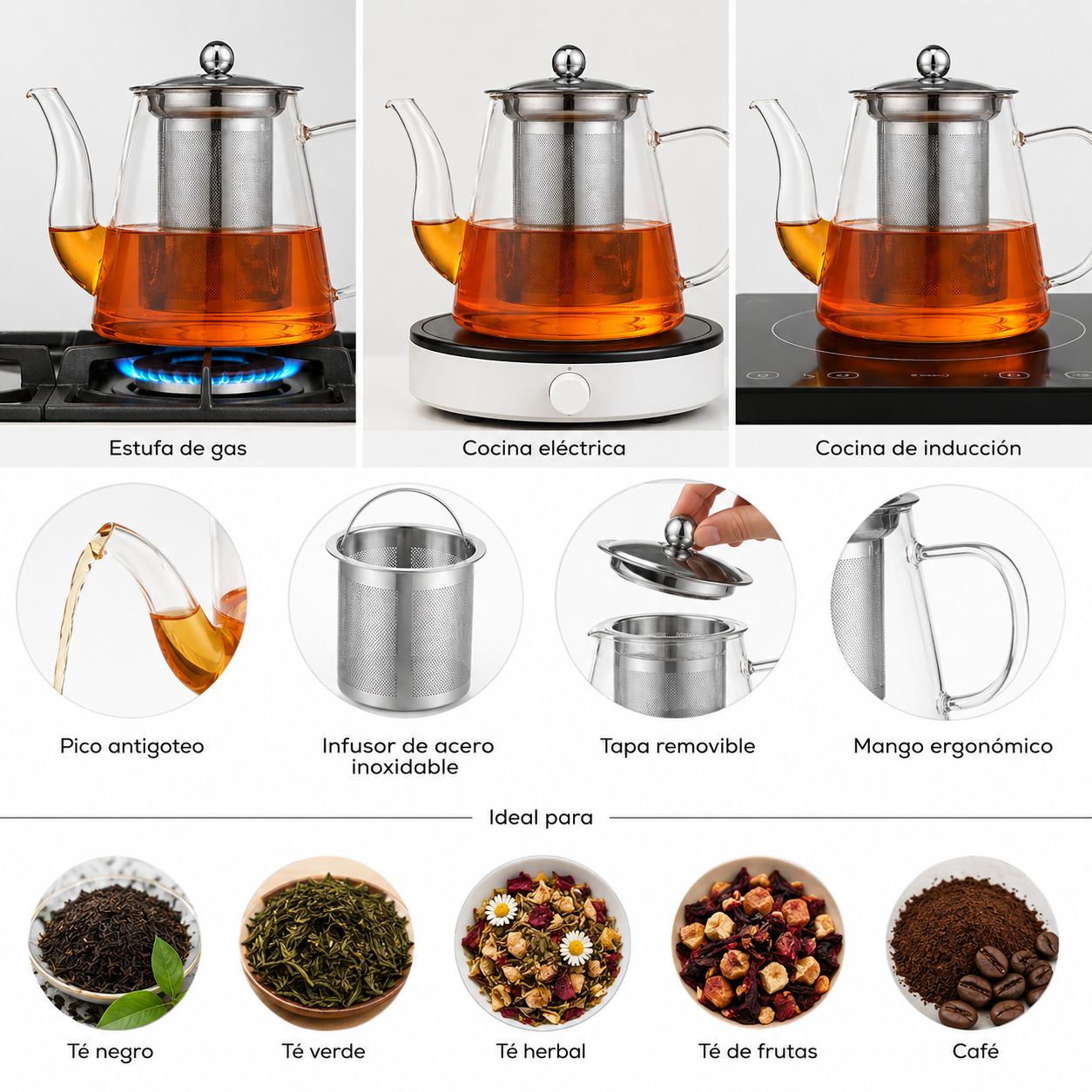 Tetera de Vidrio 1 Litro con Infusor de Acero Inoxidable
