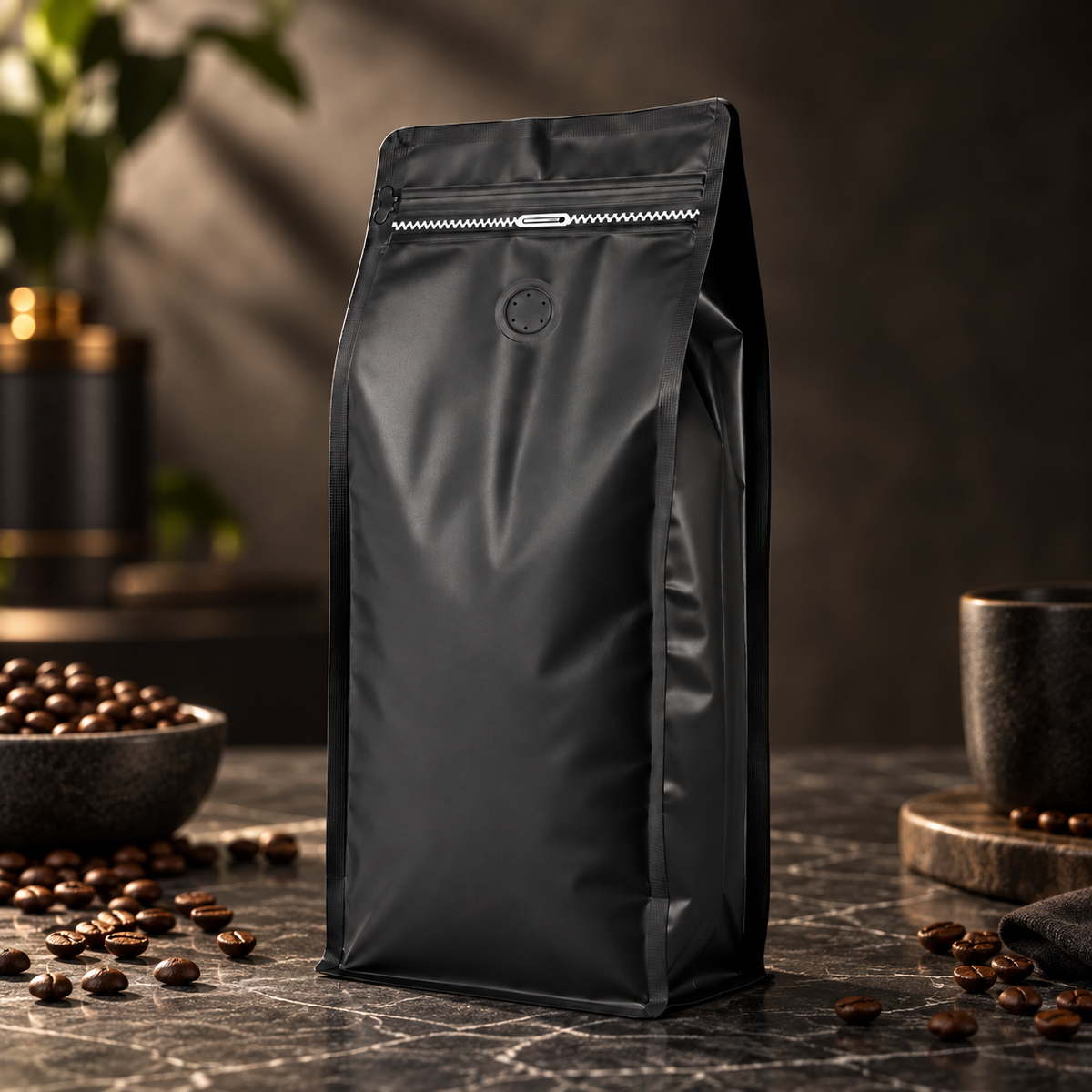 Bolsa Negra 500g para Cafe con Zipper y Valvula | 13.5 x 26 cm