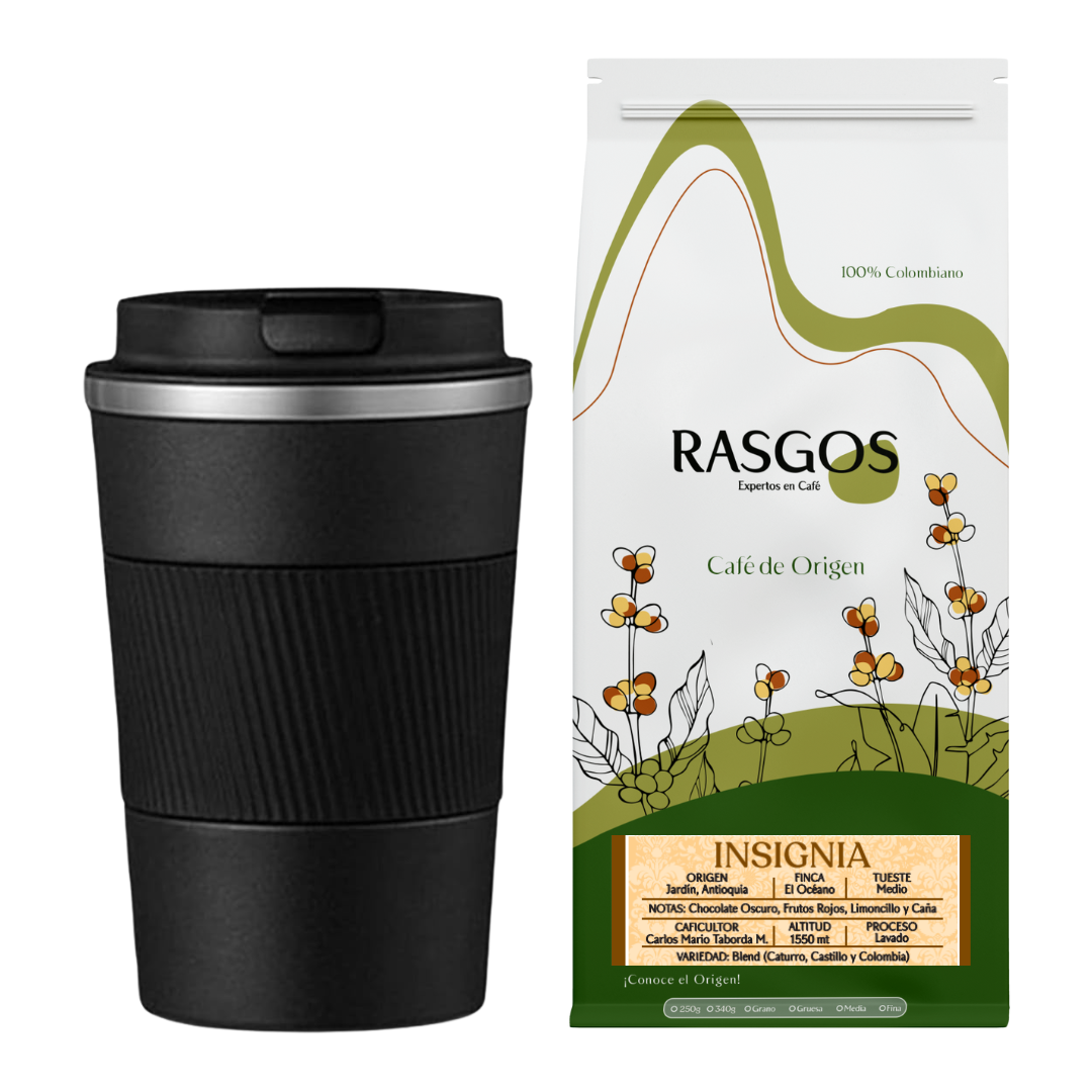 Combo Termo Doble fondo Negro 500ml + Cafe Insignia RASGOS 250g