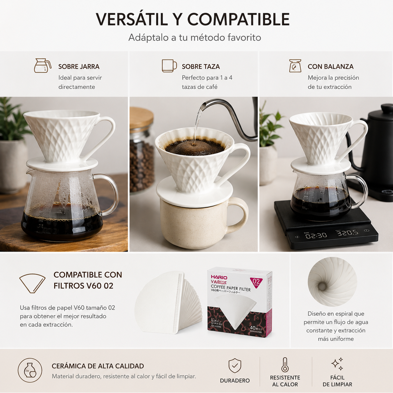 Kit V60 Ceramica Blanco 02 con Cuchara Medidora