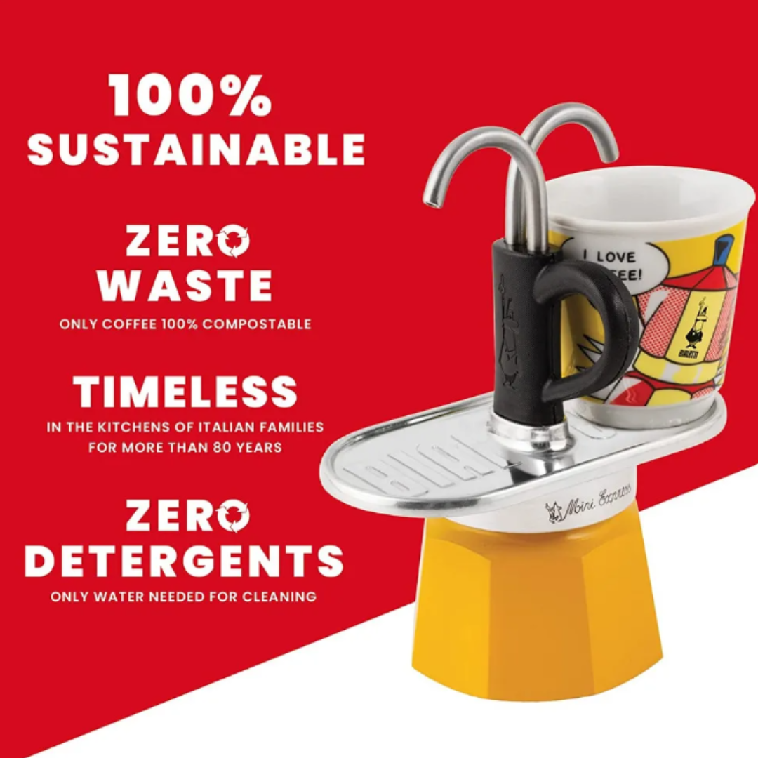 Bialetti Mini Express Lichtenstein Amarilla con 2 Tazas 250ml