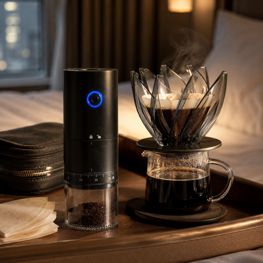 Kit premium de café filtrado con molino eléctrico en habitación de hotel