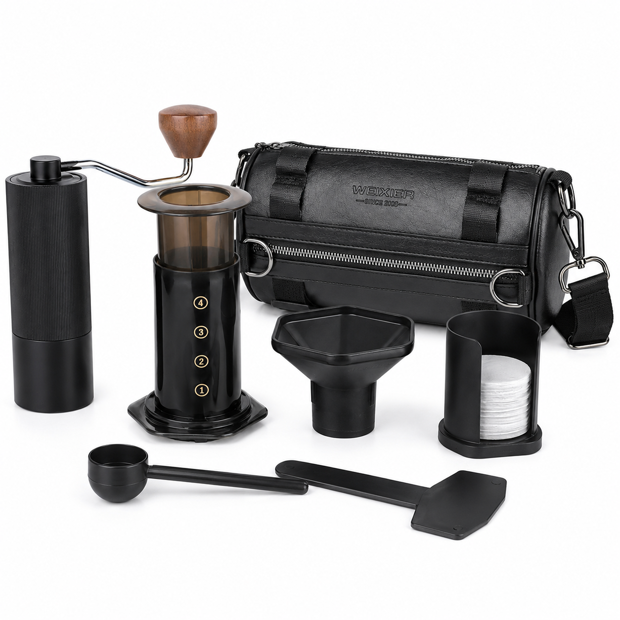 Kit Cafe Metodo Tipo AeroPress con Molino Manual Muelas Conicas Acero Inoxidable y Bolso Cuero Sintetico