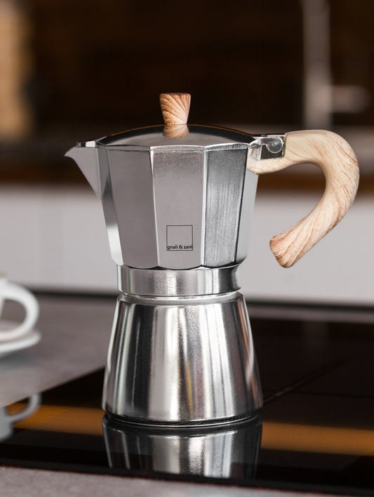 Cafetera Moka Italiana Café Espresso Plata con Mango en Madera 6 Tazas