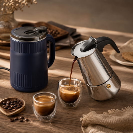 Kit Cafetera Moka Italiana de Acero Inoxidable + Molino Electrico 125g