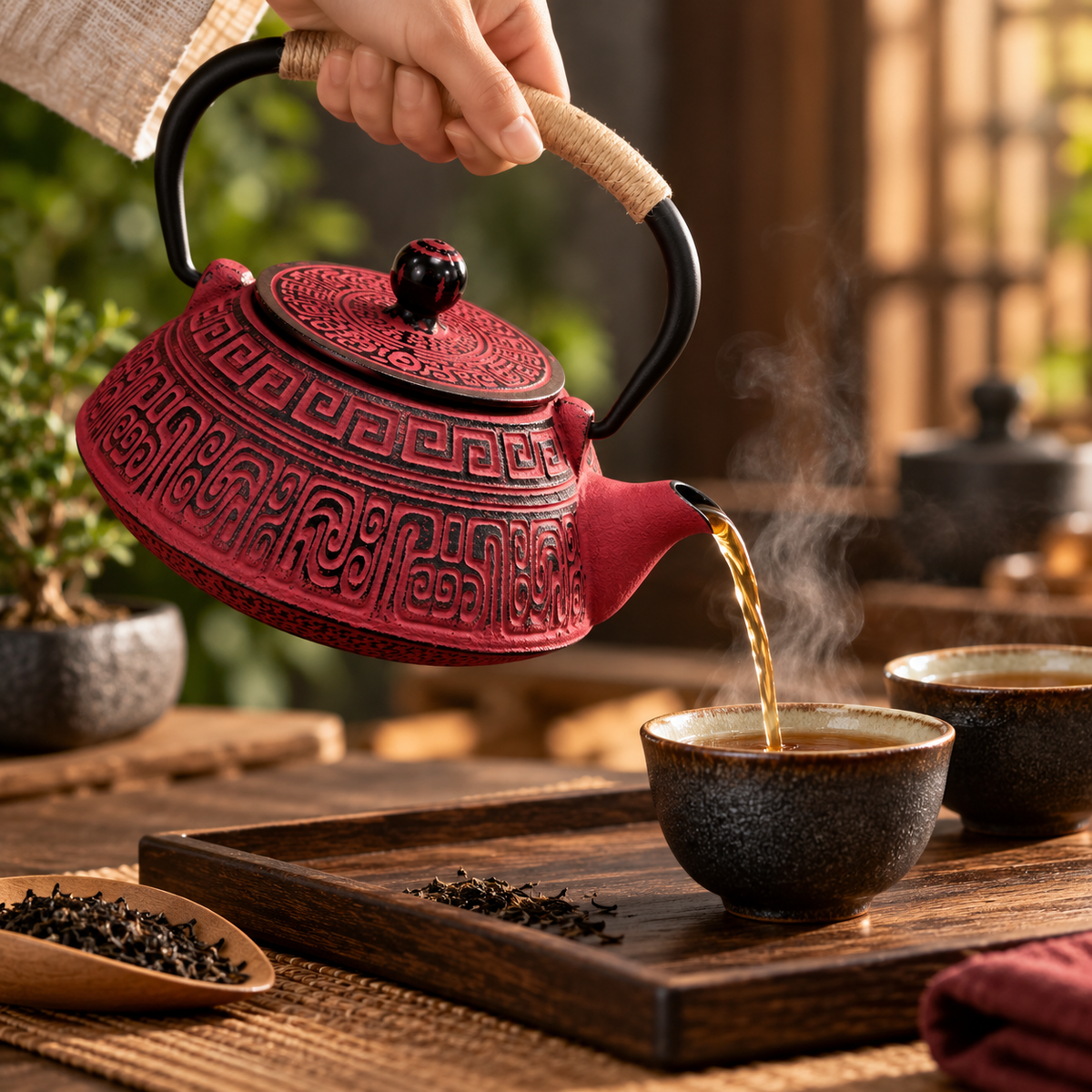 Tetera de Hierro Fundido Roja 770ML con Filtro para Te e Infusiones Aromaticas