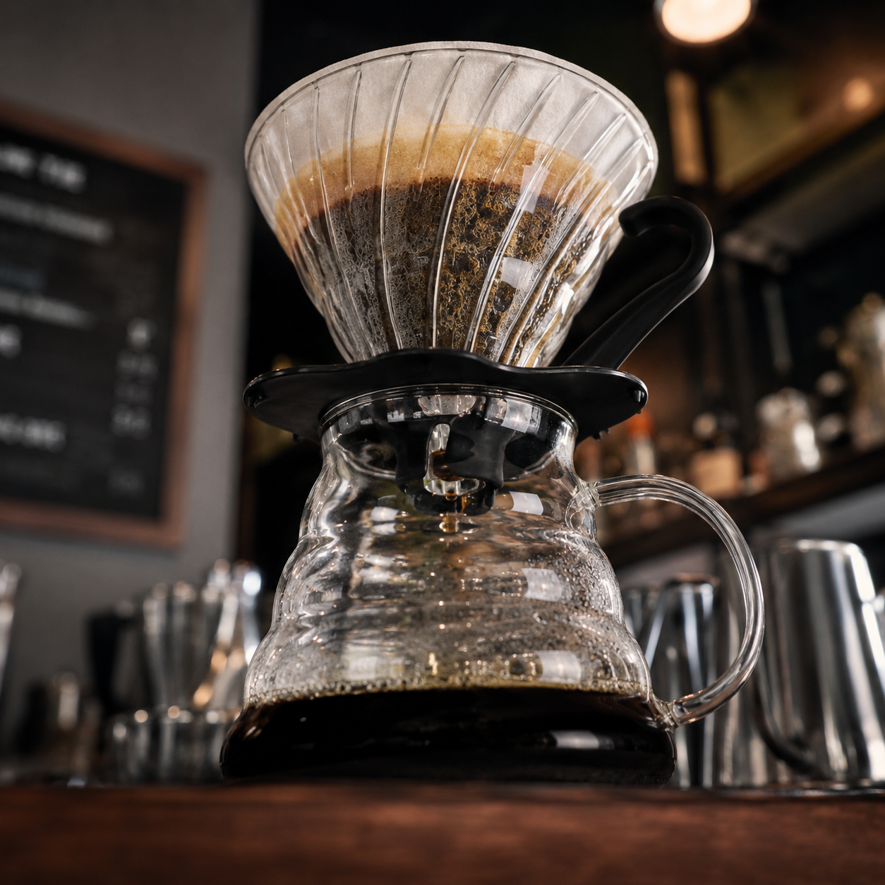 Cafetera Dripper V60 02 de Vidrio Borosilicato Transparente con Base Negra