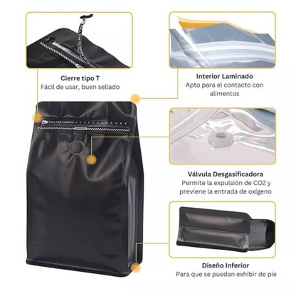 Bolsas para Café Negras Zipper con Válvula Hasta 340gr x50uds