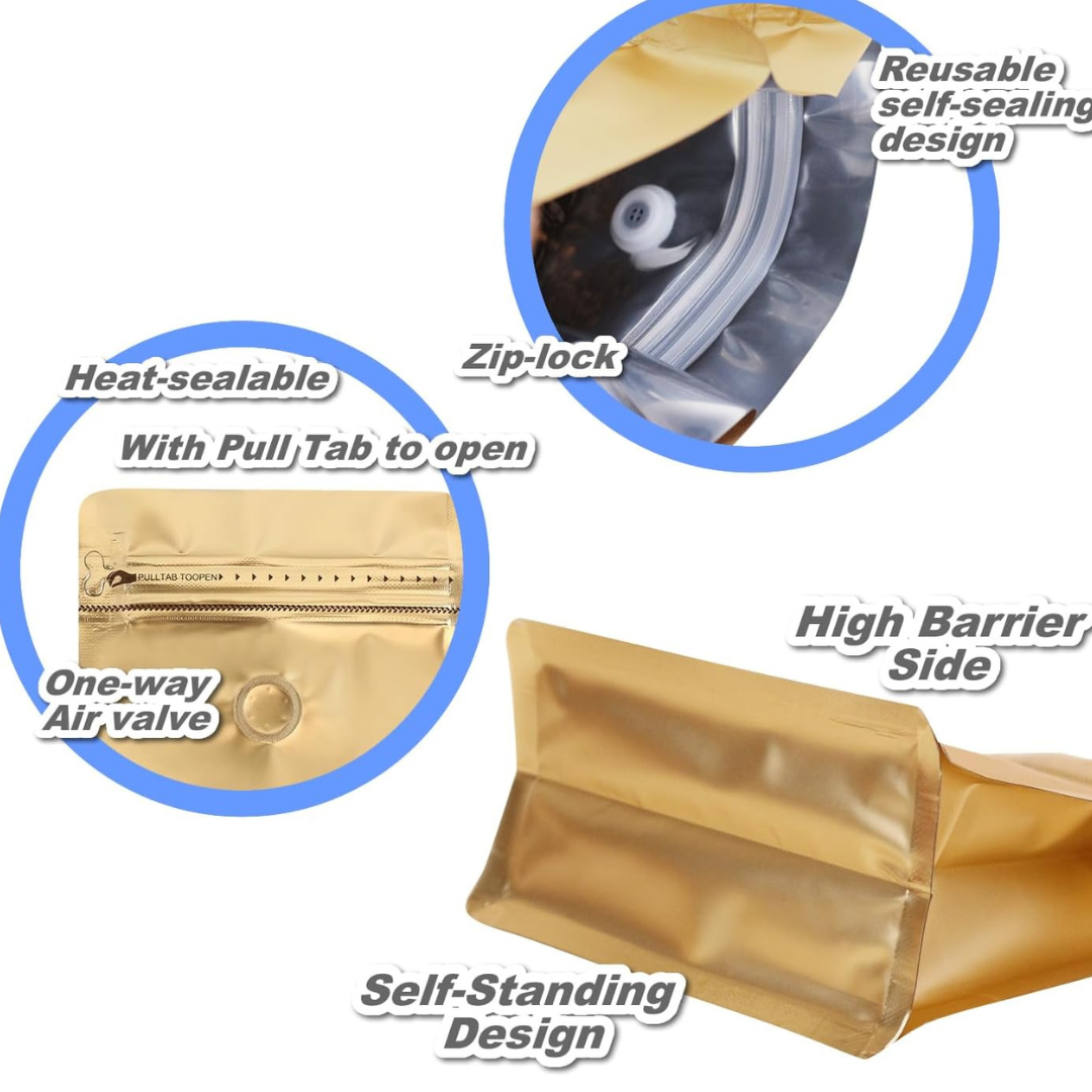 Bolsas Hermeticas para Empacar Café Doradas de 240gr a 340gr  x50uds