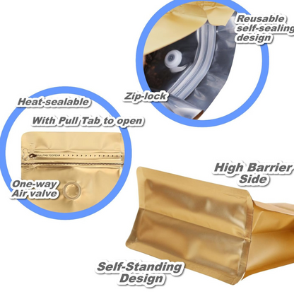 Bolsas Hermeticas para Empacar Café Doradas de 240gr a 340gr  x50uds