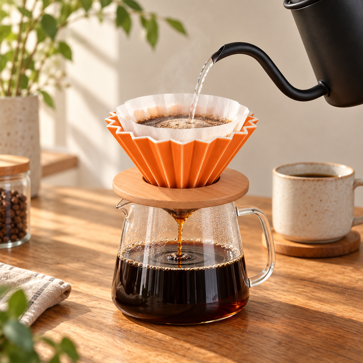 Cafetera Dripper V60 Metodo Origami Ceramica Tamaño 01 Naranja con Base de Madera