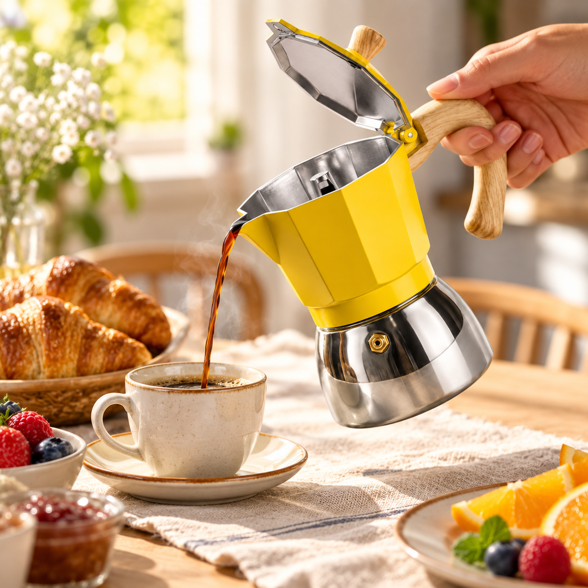 Cafetera Italiana Moka Amarilla 12 Tazas Base Acero Inoxidable