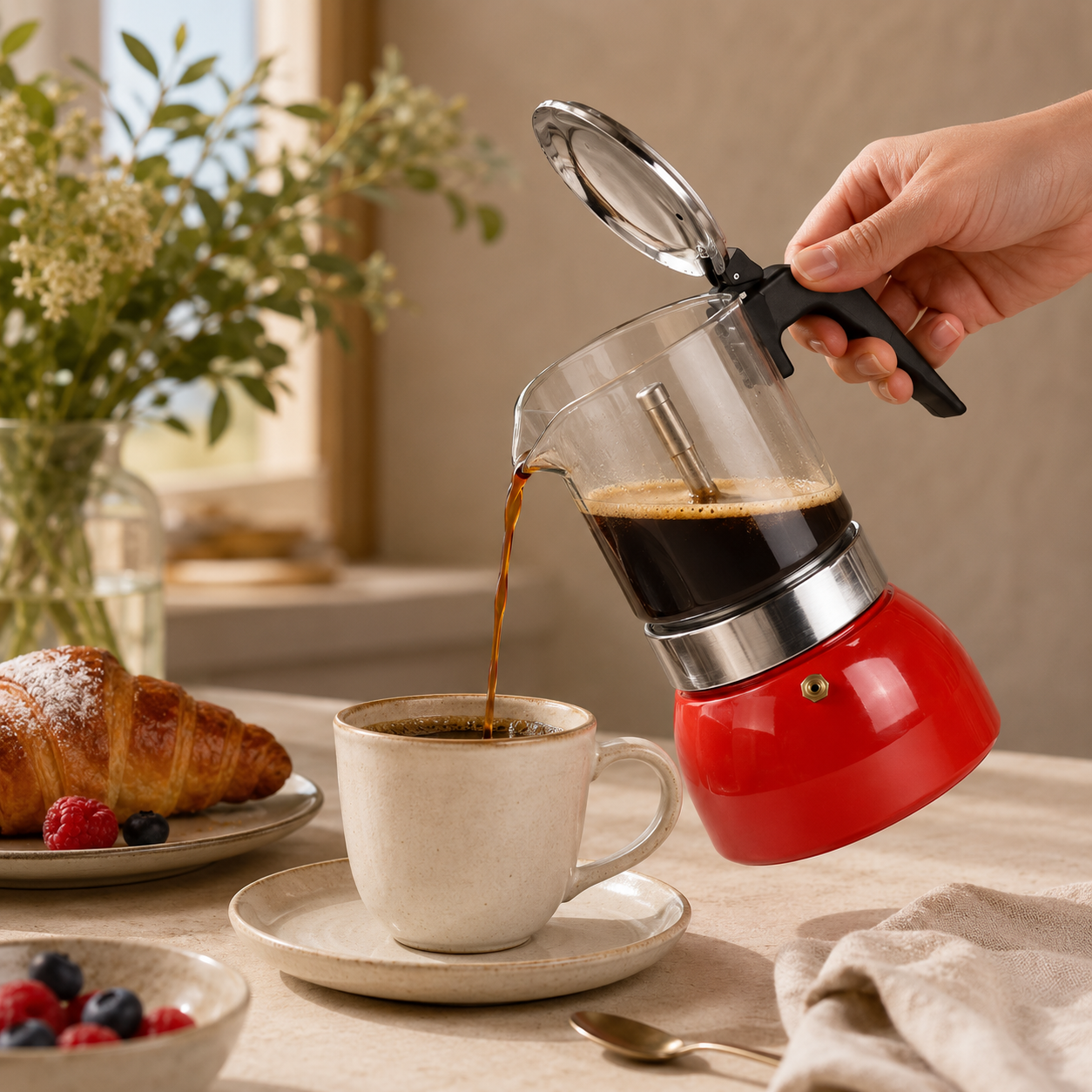 Cafetera Moka Italiana Roja de 9 Tazas con Jarra Transparente
