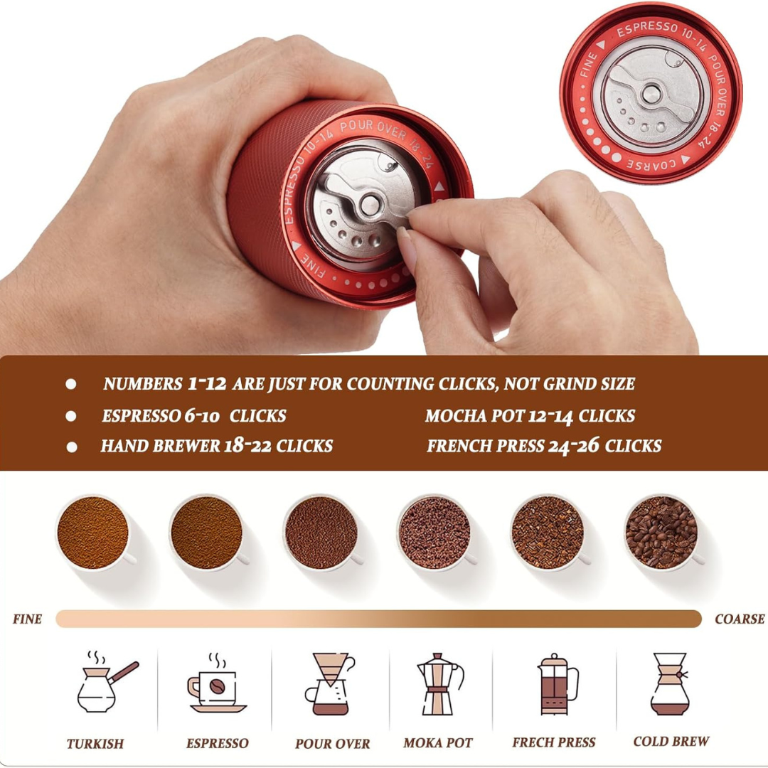 Molinillo de Café Pro Rojo Manual Ajustable con Muelas de Acero 35 g