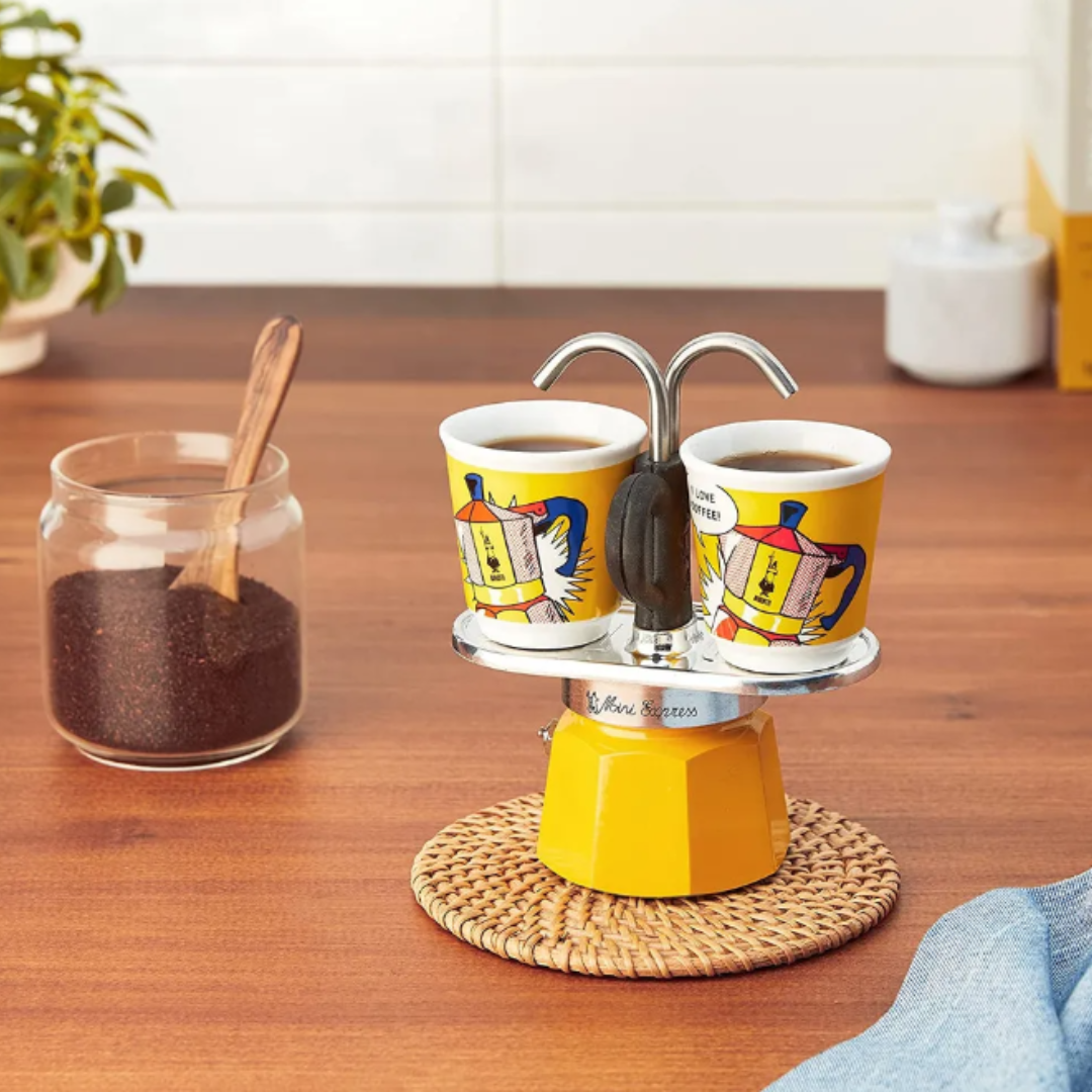 Bialetti Mini Express Lichtenstein Amarilla con 2 Tazas 250ml