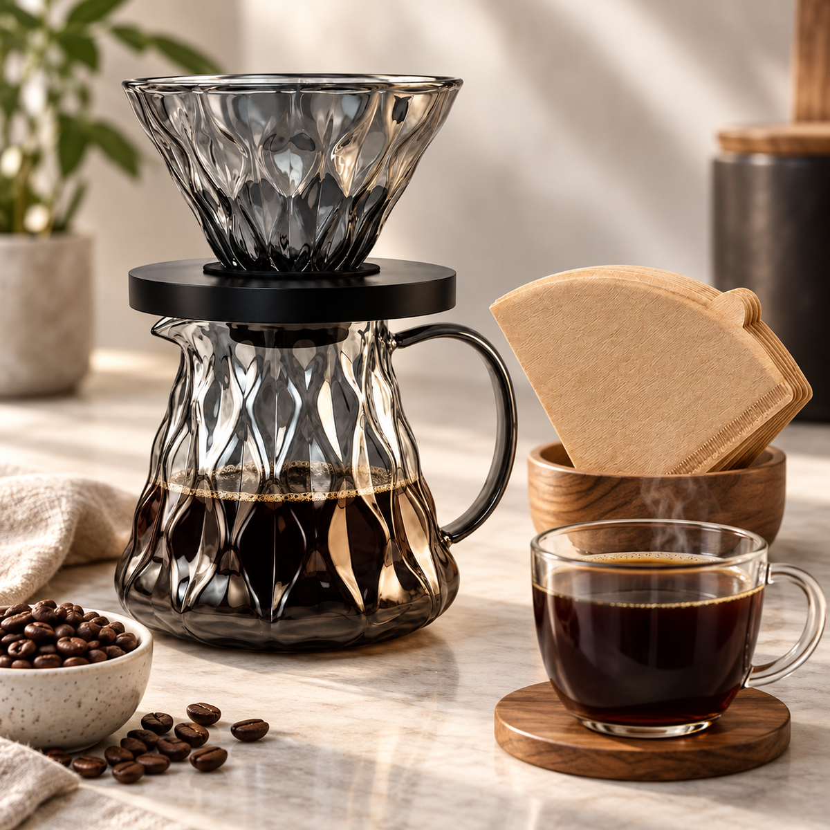 Kit Cafe V60 Diamante Server de Vidrio y Filtros
