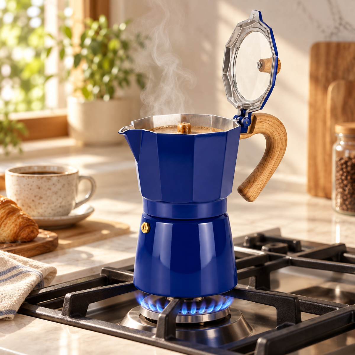 Cafetera Moka Tapa Transparente Azul 9 Tazas