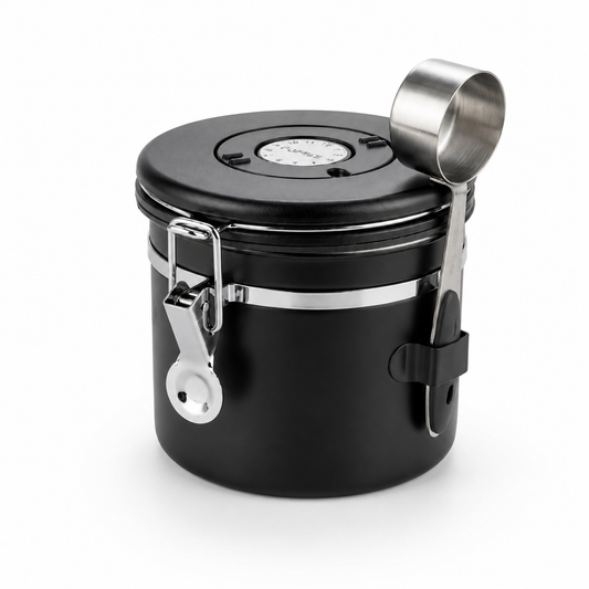 Recipiente Bote Hermetico para Cafe Negro Mate con Cuchara Medidora
