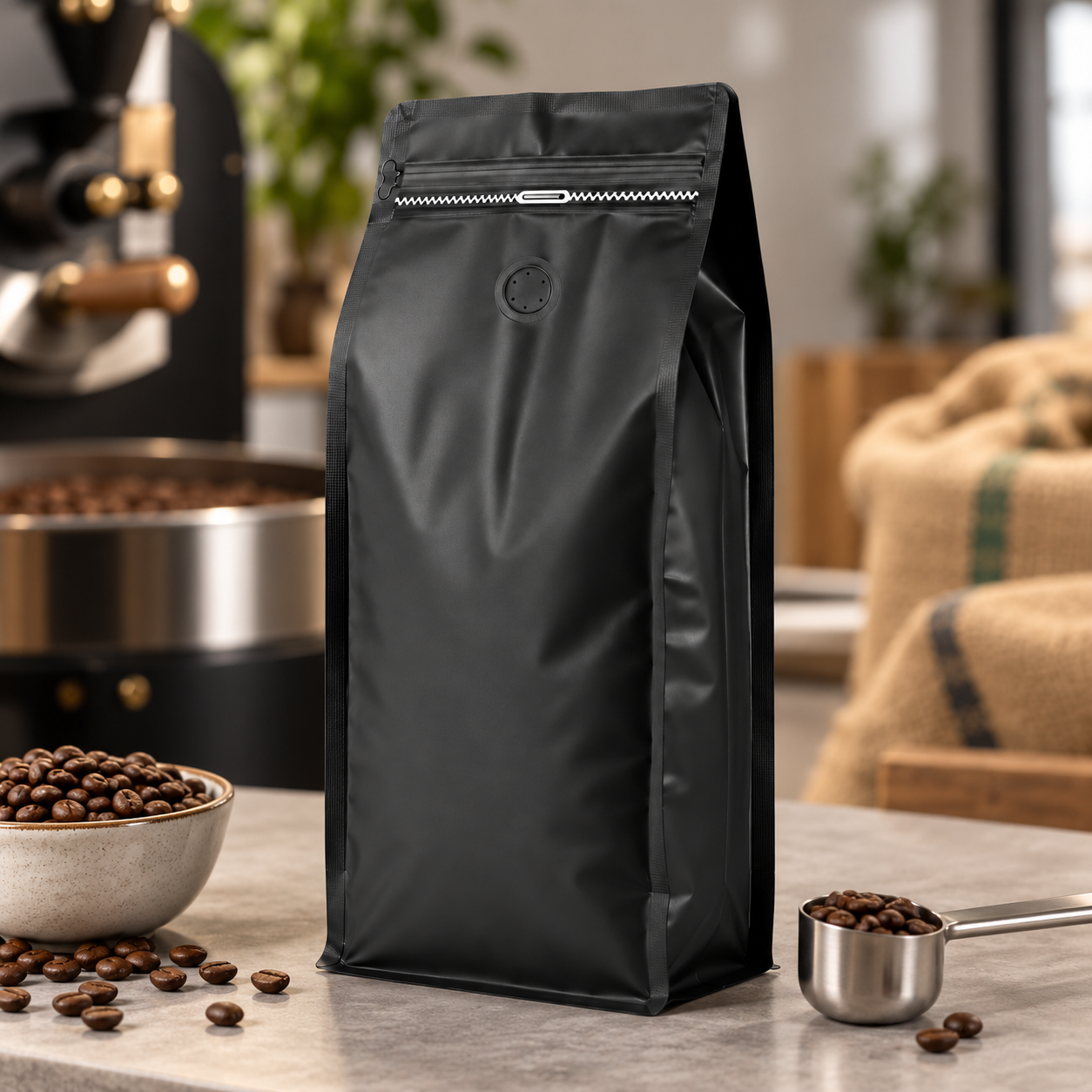 Bolsa Negra 500g para Cafe con Zipper y Valvula | 13.5 x 26 cm