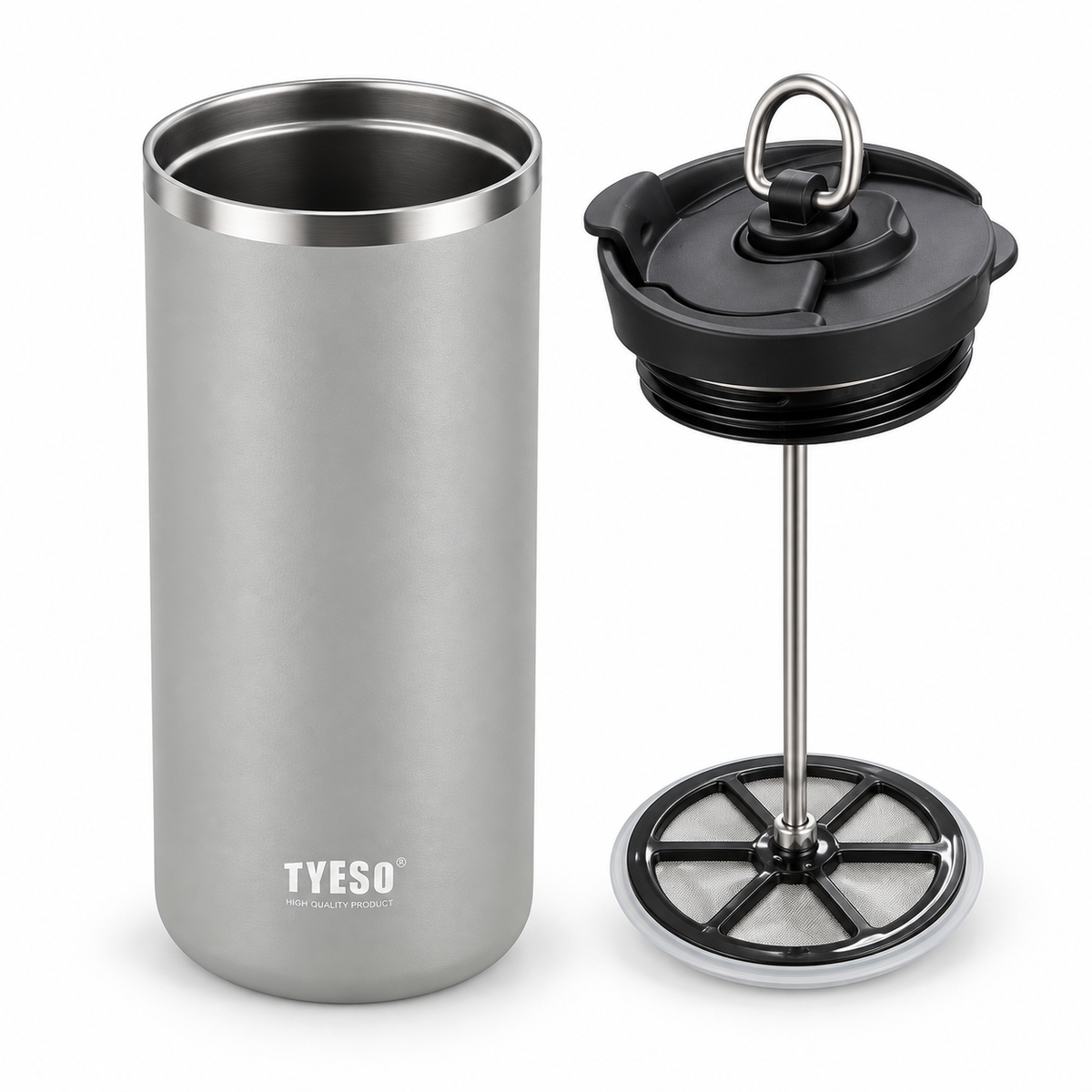 Metodo Viajero Termo Prensa Francesa TYESO 750 ml Acero Inoxidable Gris