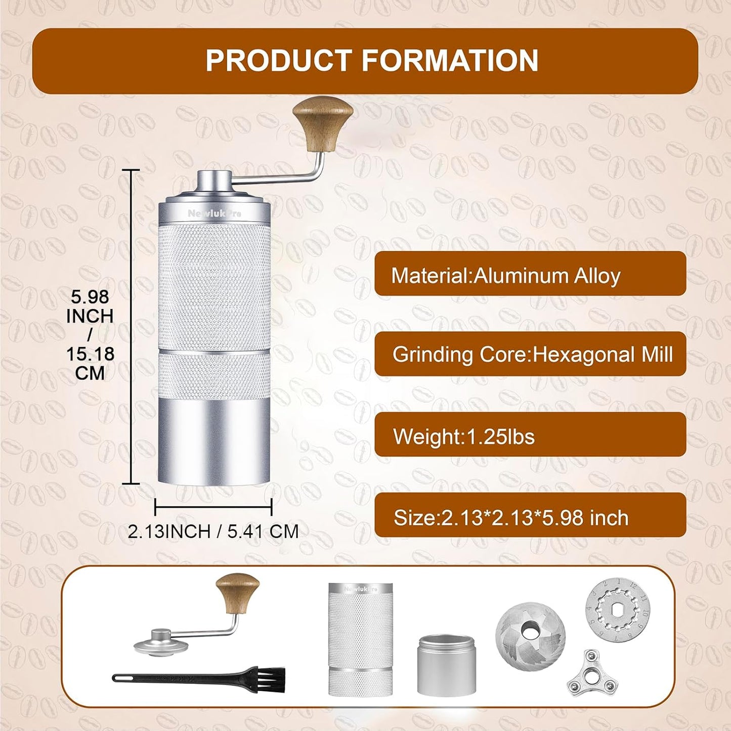 Molino Pro para Granos de Café Plata Coffee Grinder 50g Muelas en Acero